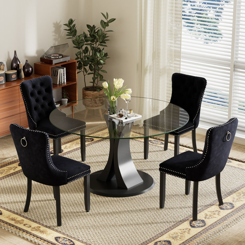 4-Piece Round Pedestal Dining Set, Black, 29.5" H x 47" W x 47" D, Clear