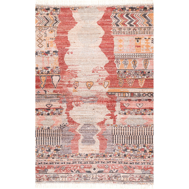 Tapis rouille / crème / rose tissé à la main à motif de glands Riser Southwestern, Rectangle 4pi x 6 pi