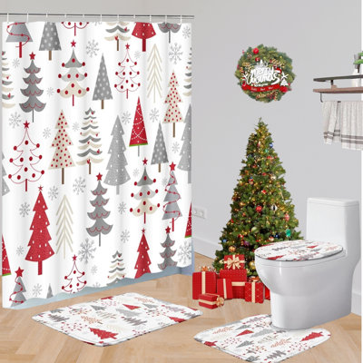 Cherry-Red 4PCS Xmas Shower Curtain Set - Playful Doodle Holly + Trees + Non-Slip Mats + Toilet Cover