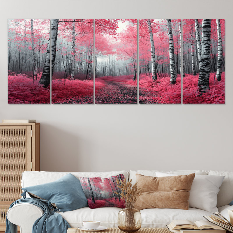 Bouleaux roses, chemin forestier, Panorama I - ensemble de décorations murales forêt, H 32 po x l 80 po
