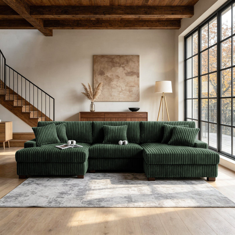 3 - Piece Upholstered Green Faux Rabbit Fur Flannel Modular Sectional Sofa with Armrests & Throw Pillows