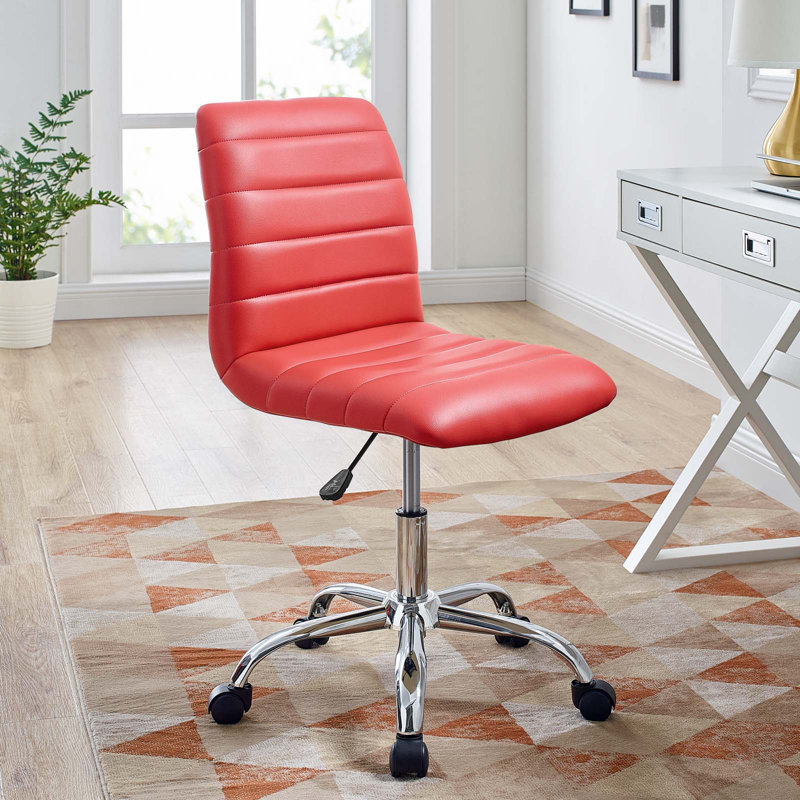 Red Vinyl Armless Swivel Office Chair with Chrome Base