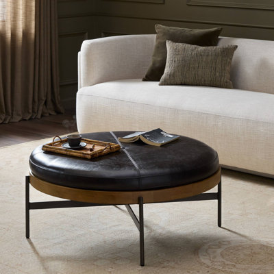 Brehmer 39" Genuine Leather Tufted Round Cocktail Ottoman