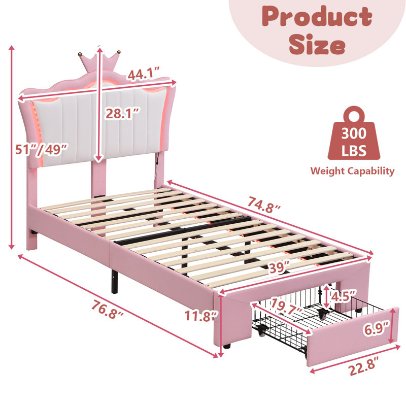 Twin-Size Bed, Princess-Style Upholstered Bed Frame, Crown Headboard With LED Light And Adjustable Storage Drawers, No Spring Mattress Required