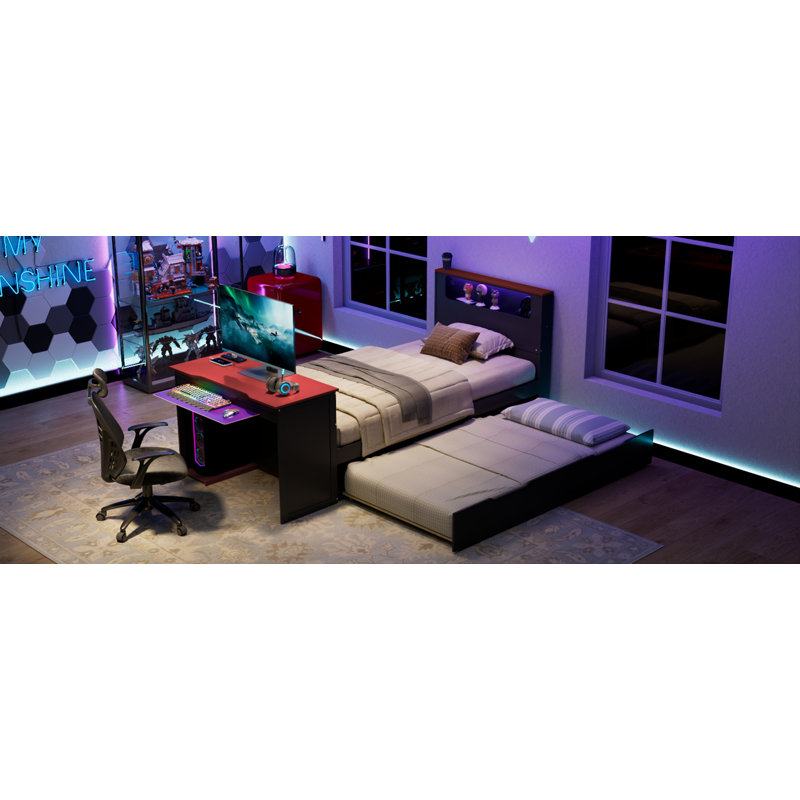 Wood Daybed With Twin Size Trundle,Desk,LED Light And USB, Twin, Black/Red