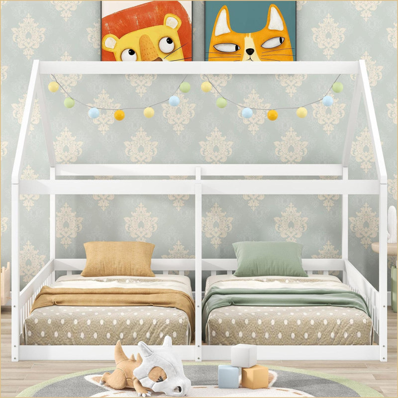 Twin Twin Size Pine Wood MDF Platform Bed Frame No Box Spring Needed House Shaped White with Guardrails for Family Use, White