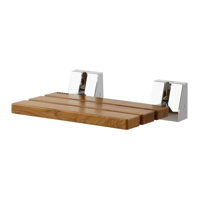 Foldable Shower Seat Wall Mounted, 15.7" Teak Folding Shower Bench, 330LBS Fold-Down Bathroom Corridor Seat with Stainless Steel Frame for Adults Seniors, Waterproof & Easy-to-Clean