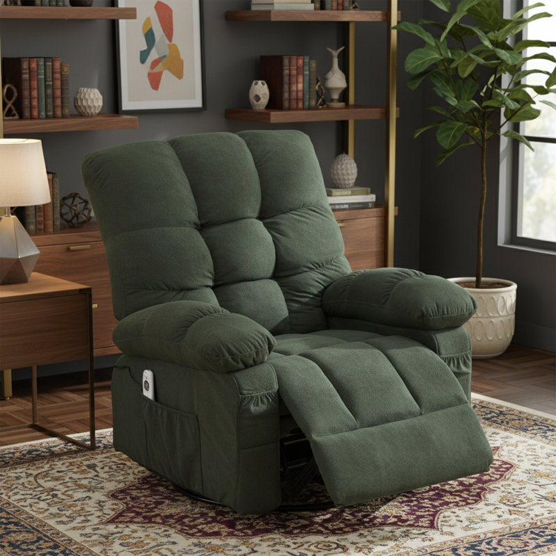Fauteuil inclinable de massage surdimensionné vert pivotant - chaleur lombaire, charge USB et capacité de 350 lb