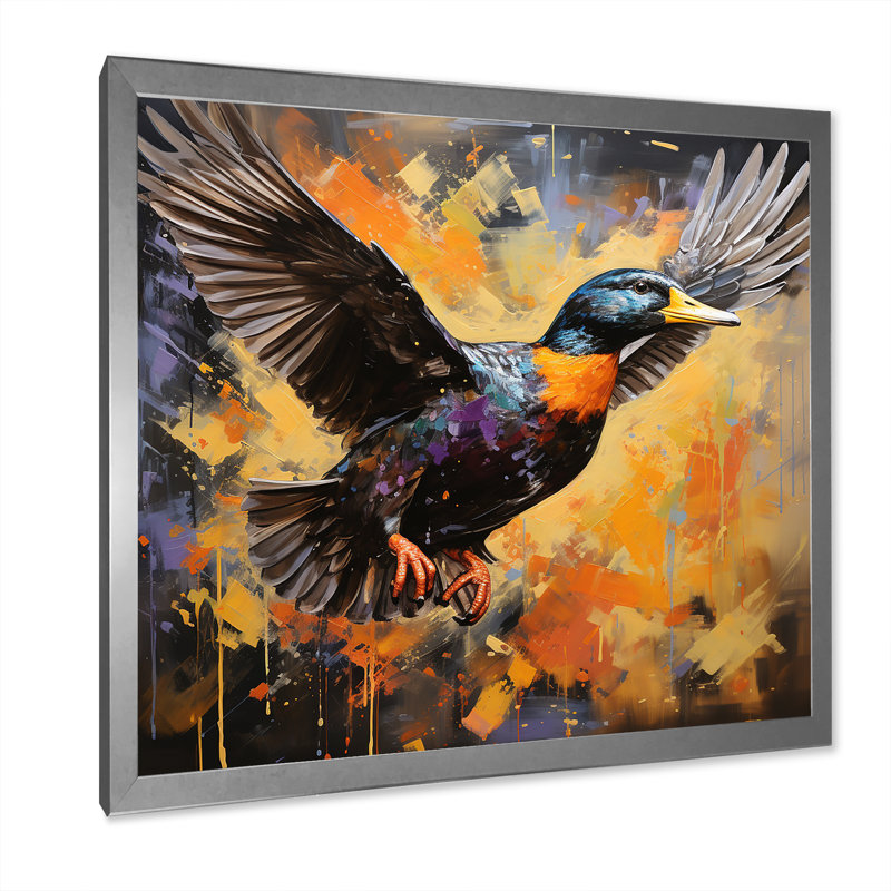 «Vintage Duck Flight At The Pond IV», art mural animaux de canard, Cadre simple argenté, H 16 po x l 16 po x P 1 po