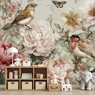 Peel and Stick papier peint pastel botanique pivoines papillons muraux d'art ambiant doux H 69 po x l 96 po amovible papier mural en PVC auto-adhésif pour chambre à coucher salon bureau à domicile