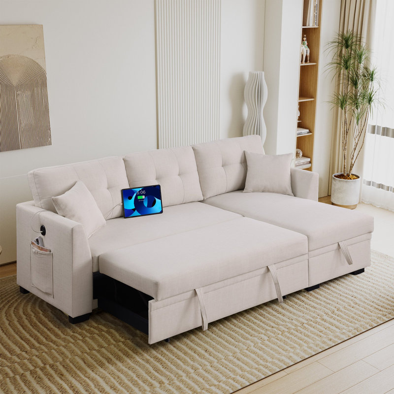 82" Reversible Sleeper Sofa with Linen Upholstery, Storage Chaise & USB Charging Port, Beige Linen Blend