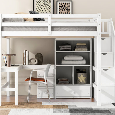 Lit mezzanine double blanc avec bureau en L, tiroirs pratiques, armoire et escalier de rangement compact