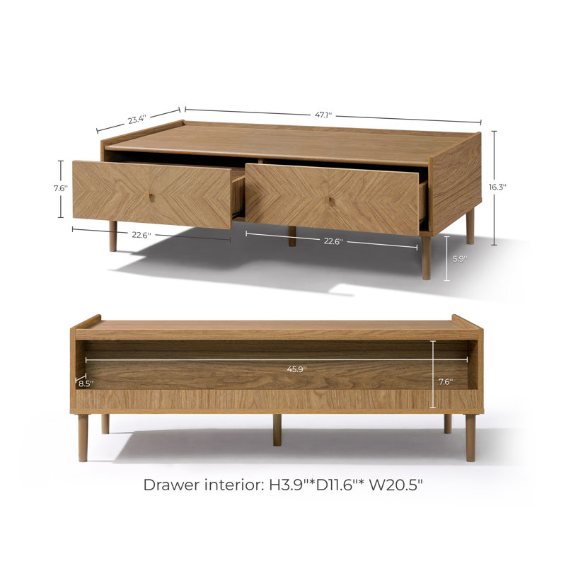 Table basse 47,1 po Mid Century Modern, table basse en bois naturel avec 2 tiroirs et tablette de rangement
