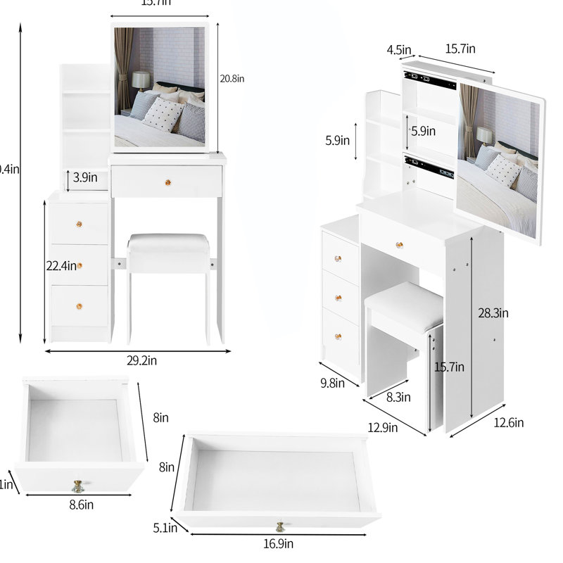 Table de coiffeuse de gauche pour les petits espaces, avec chaise rembourrée et très grand miroir coulissant, rangement multi-couches, tabouret élégant de taille commode blanche, multi-couches grande capacité