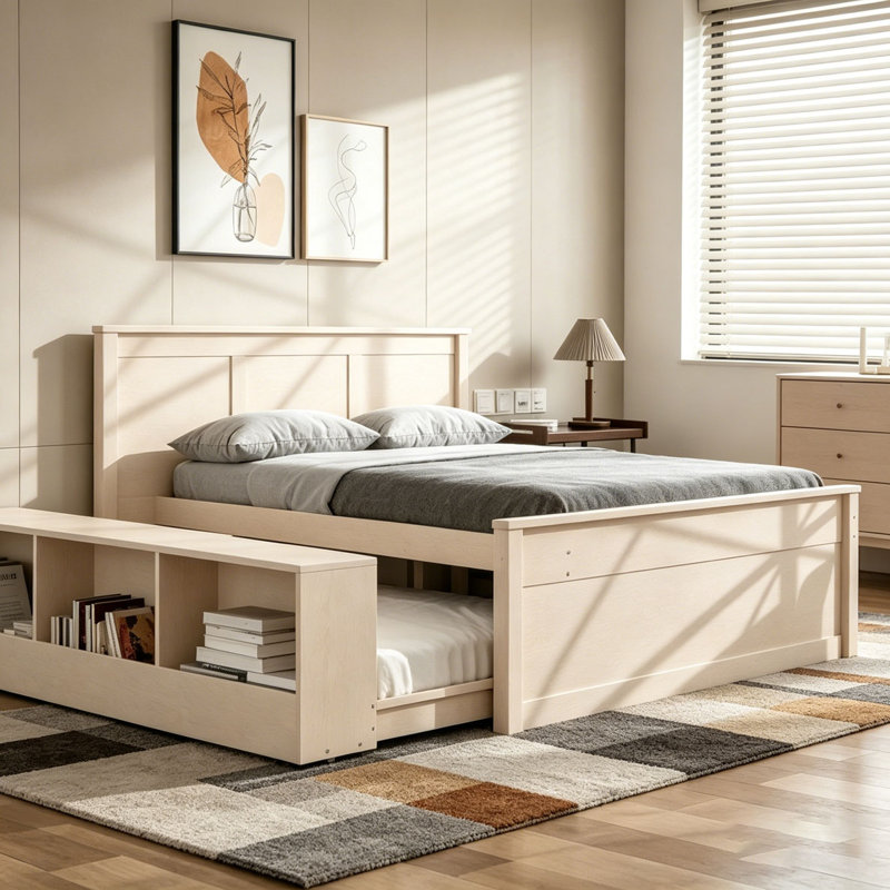 Lit plateforme en bois avec lit gigogne escamotable, armoire de rangement, Lit simple, Blanc, crème