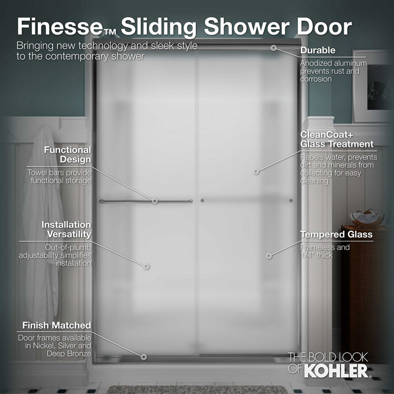 Finesse 54.62" W x 65.81" H Double Sliding Frameless Shower Door with Clean Coat Technology