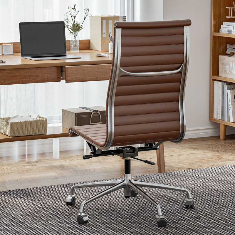 High Back Genuine Leather Armless Conference Room Chair with Aluminum Frame and Wheels, Swivel Armless Desk Chair, Top Grain Leather Office Chair