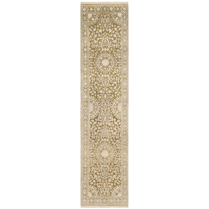 Hand-Knotted Teal and Ivory Wool Runner Rug 2'6" x 10'