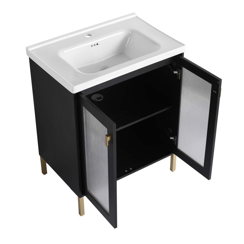 Meuble-lavabo autoportant de 28 pouces avec lavabo en céramique et portes à fermeture douce, base en contreplaqué durable et poignées en métal élégantes