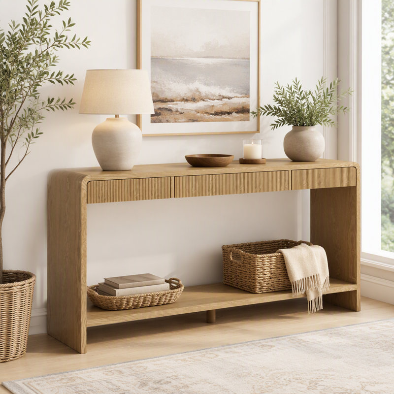 Kaia Mid-Century Modern Console Table With Fluted Drawers And Rounded Corners, Brown