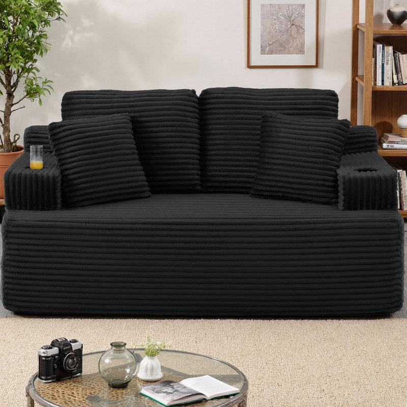Canapé de 66,5 po de style nuage sans os, canapé 2 places avec porte-gobelet et poches latérales, canapé en velours côtelé moderne à profil bas sans assemblage requis pour les petits espaces