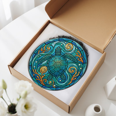Sea Turtle Stained Glass Window Panel，7.8H