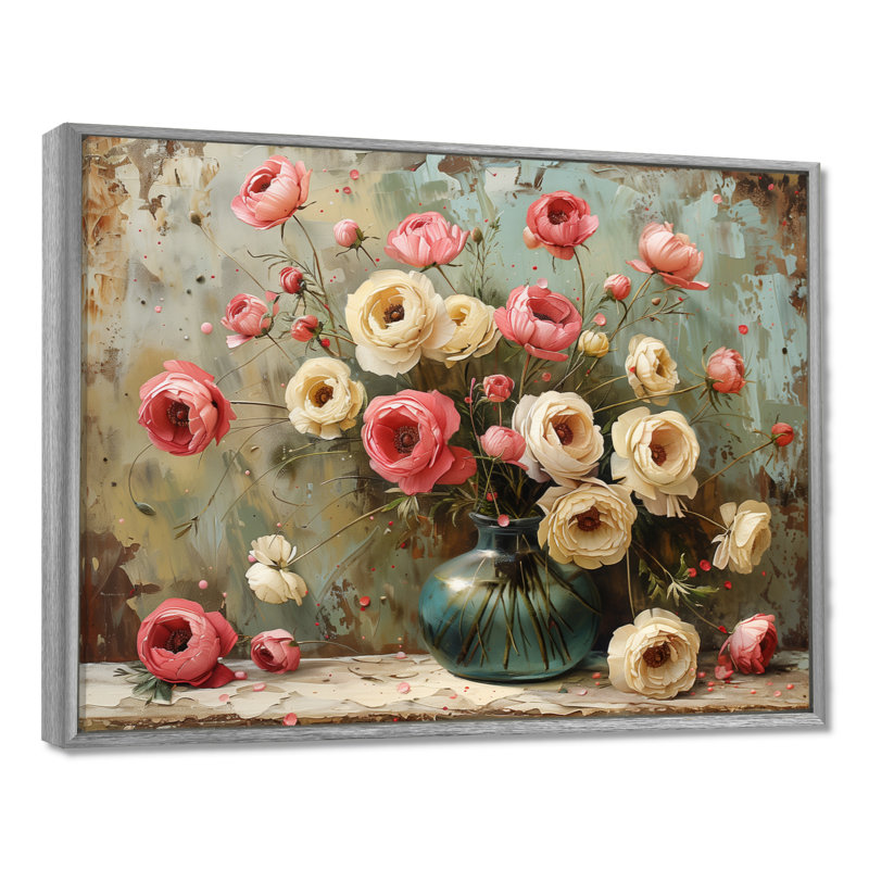 Rose et blanc, charme de ferme, Renoncule II - Renoncule, art mural, Black Picture Framed, H 16 po x l 32 po