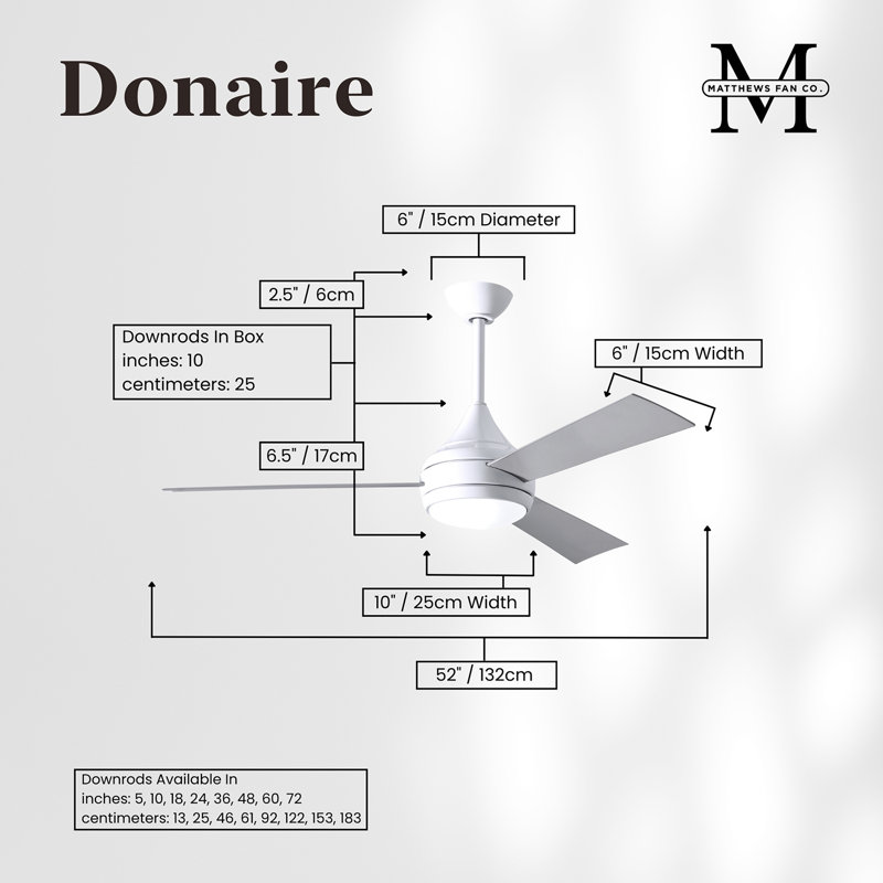 Donaire LED Outdoor Downrod Ceiling Fan, Gloss White, Brushed Stainless