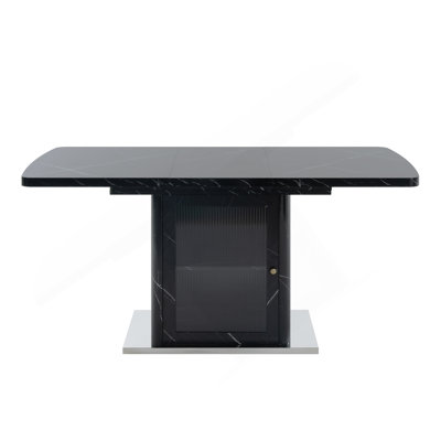 Table de salle à manger rectangulaire moderne de 47,24 à 63 po, extensible, avec plateau de table en marbre noir imprimé et pieds de table de rangement avec base en métal