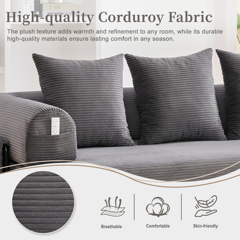 2 Seater Corduroy Sofa, Grey Corduroy