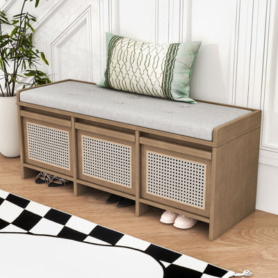 Banc de rangement avec tiroirs en rotin, rangement dissimulé et coussin rembourré
