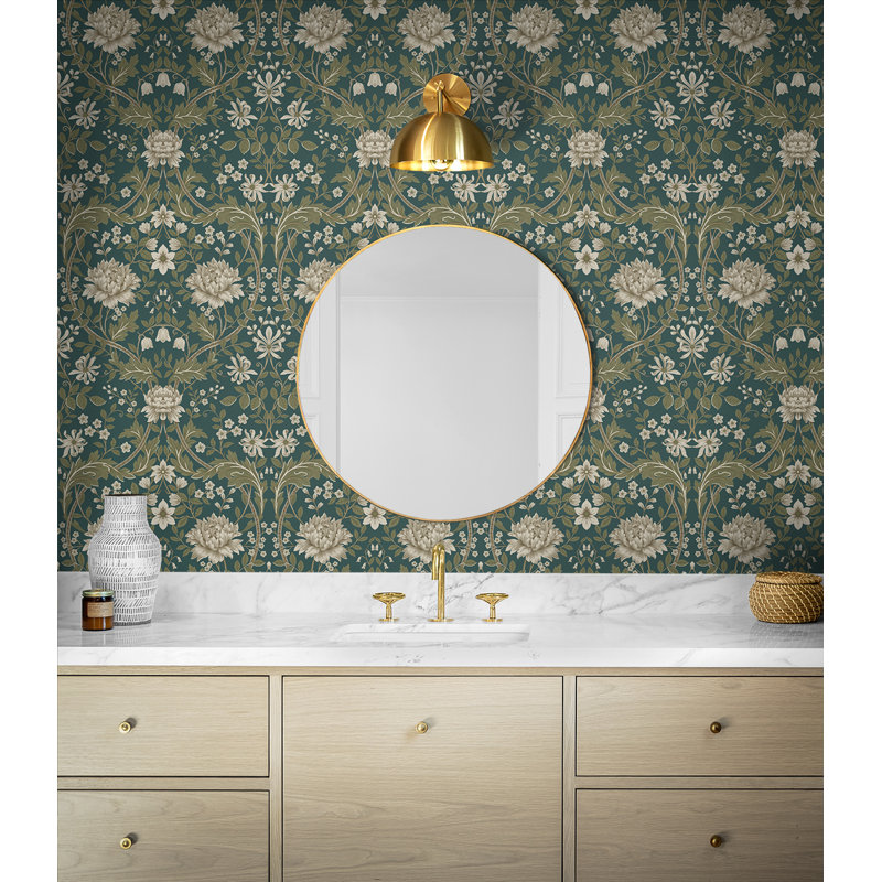 Rouleau de papier peint adhésif Husysuckle Trail L 18 pi x l 20,9 po Ausie, Bleu sarcelle / vert mousse / ivoire