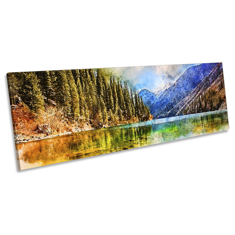 Mountian Lake Trees Panoramic - Wrapped Canvas Painting, 30.48cm H x 91.44cm W x 2cm D