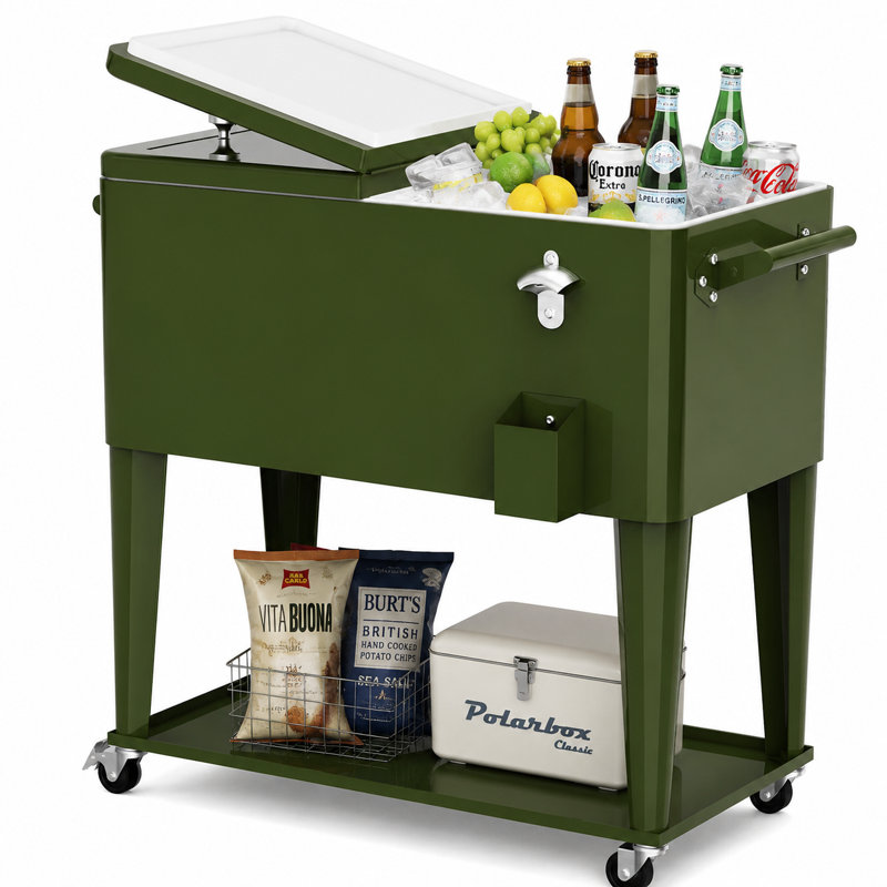 Chariot à glaçons à roulettes de 80 pintes, refroidisseur de boissons extérieur portable avec ouvre-bouteille et collecteur de bouchons et tablette de rangement pour les soirées de patio et les activités de barbecue et de plage