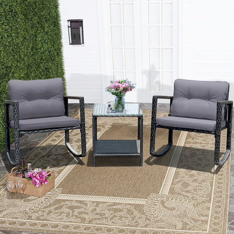 3 Pcs Outdoor Rocking Bistro Set PE Rattan Rocking Chair Set W/Cushion, Grey