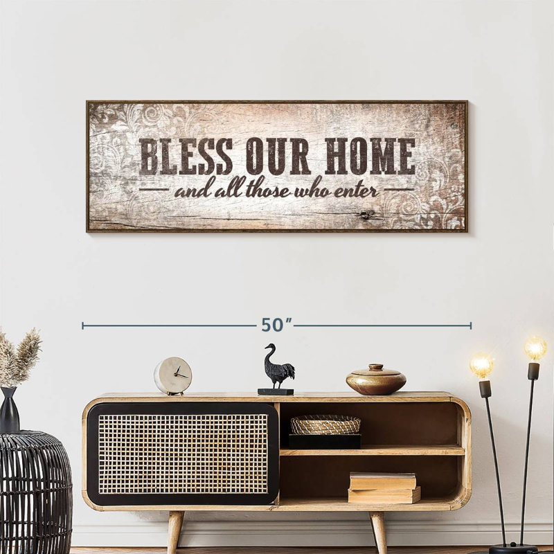 Plaque murale «Bless Our Home», Cadre flottant noyer, 49 po x 17 po