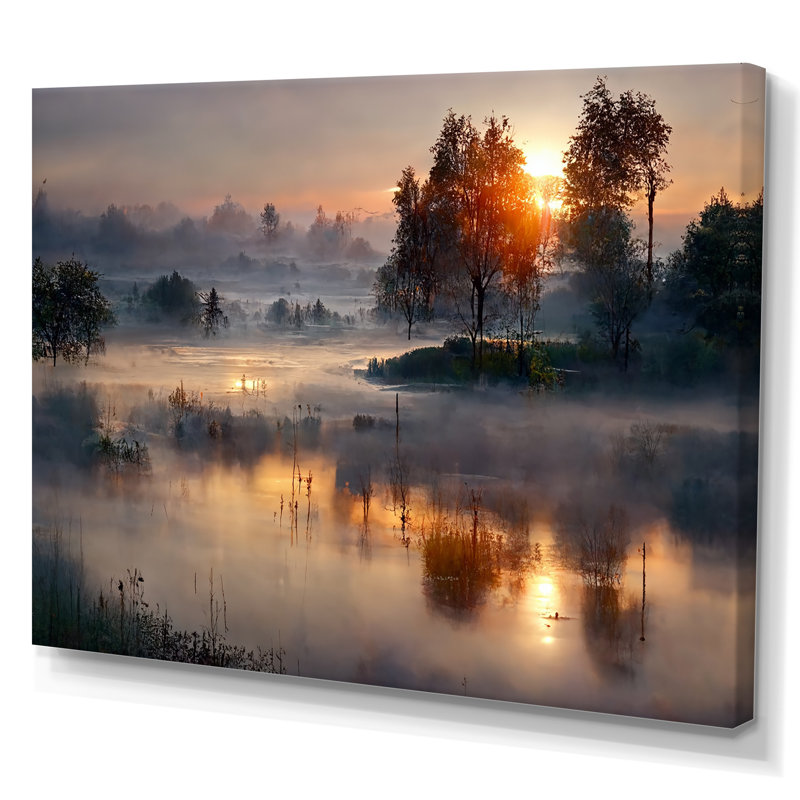 Brume matinale au-dessus du lac, coucher de soleil III - art mural lac, Toile tendue, L 32 po x H 24 po