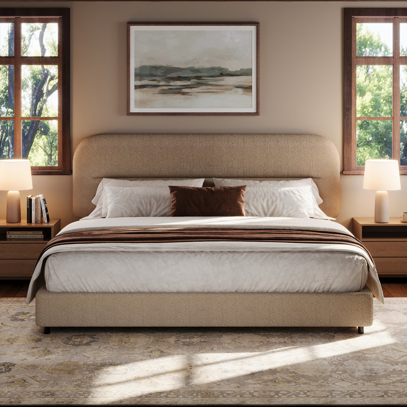 Hayden Platform Bed Frame, Cloud Collection with Boucle Upholstery & Rounded Headboard, Thickened Footboard, King, Beige