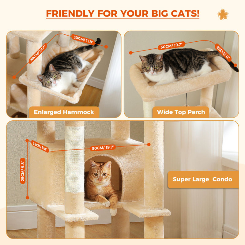 Beige 66" Sisal-Covered Cat Tower with Hammock and Condos