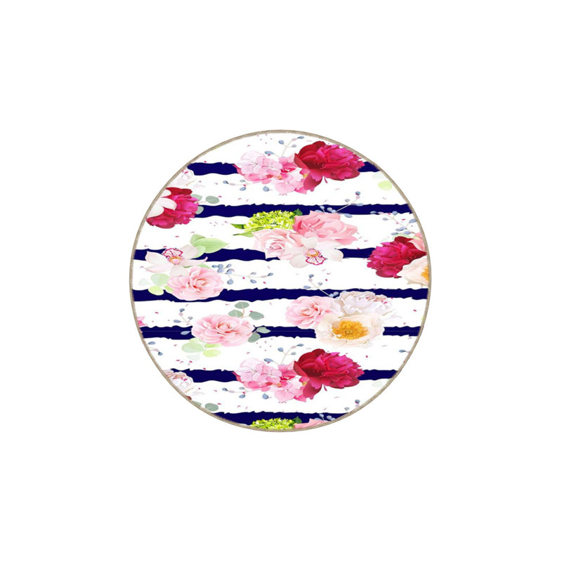 Tapis lavable uni rayé rose à motif floral croisé, Sous-tapis rond 3 pi 3 po inclus