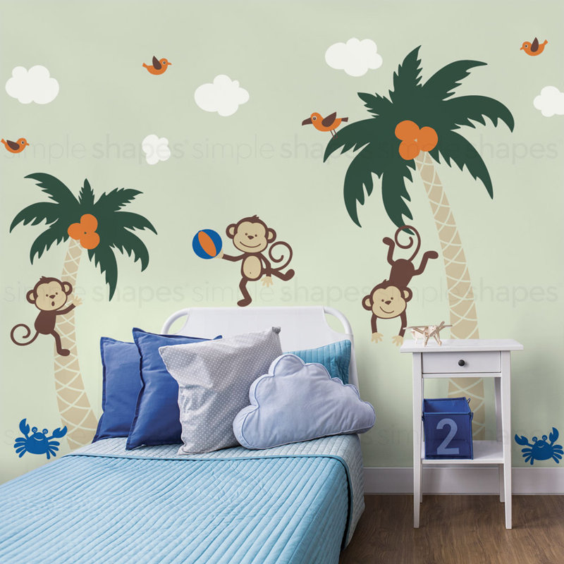 Décalcomanie murale 3 singes avec palmier tree, Vert