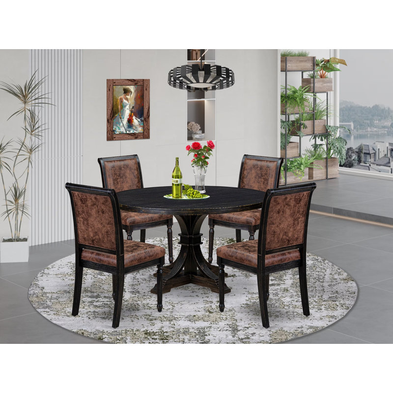 Ensemble de cuisine 5 pièces avec 4 chaises de salle à manger en polyester texturé brun, dossier haut et une table de cuisine moderne au fini noir sablé.