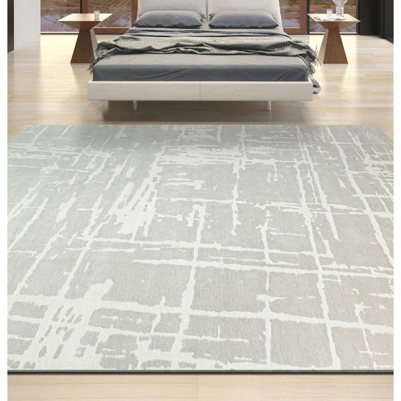 Tapis gris / ivoire noué à la main de haute qualité, Rectangle 6 pi x 9 pi