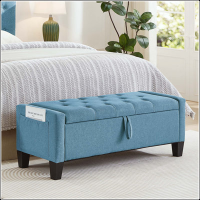 Linen Storage Ottoman Bench with Button Tufting and Safety Hinge - Light Blue