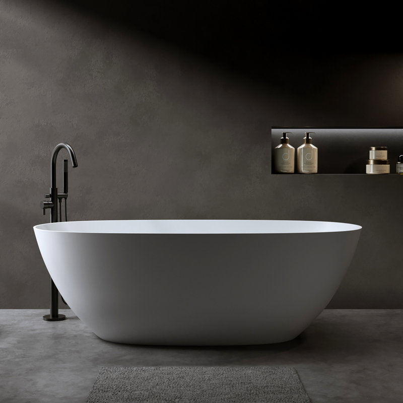 Baignoire de trempage autoportante 61 po, pierre de résine à surface solide, moderne avec trop-plein et bonde escamotable, blanc