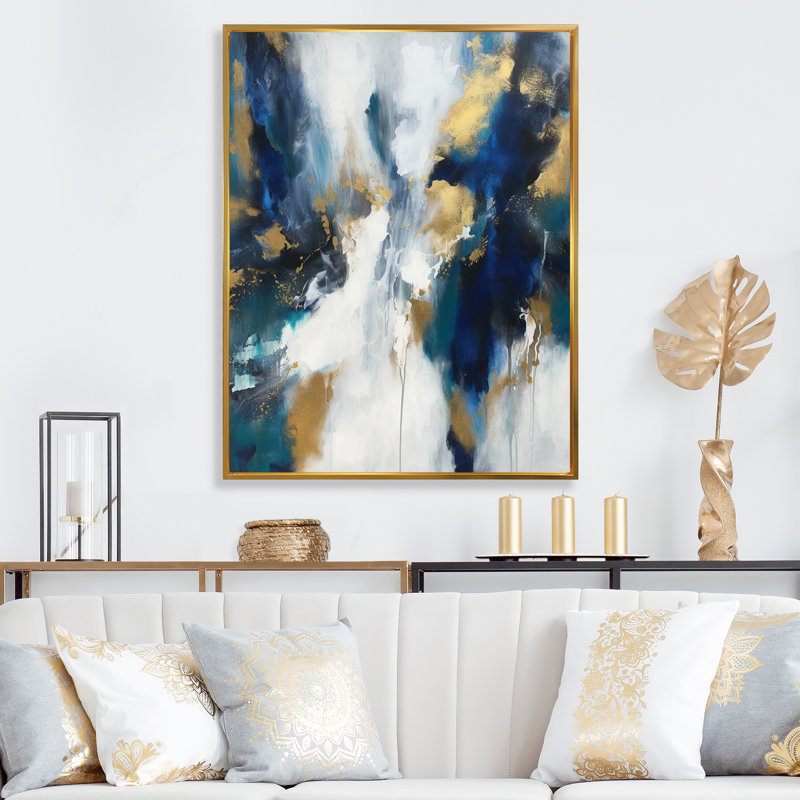 Indigo éveillant abstrait en bleu et or - peinture abstraite grand art mural, H 44 po x l 34 po, Gold