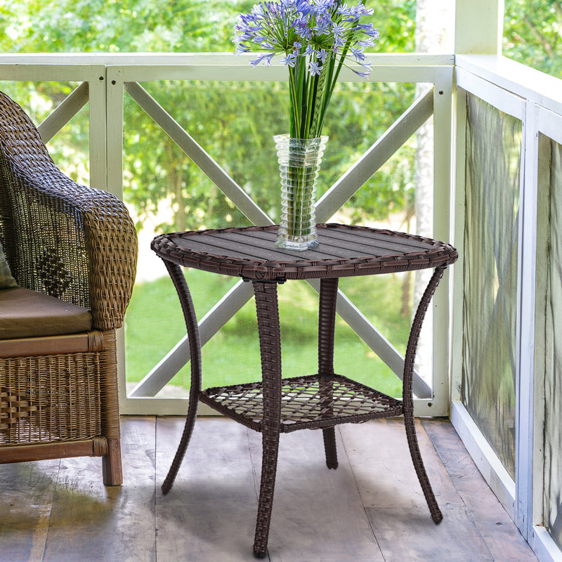 Outdoor Patio Side Table Small Brown Wicker Rattan End Table For Outside Storage Coffee Table With Poly Lumber Table Top For Garden Lawn Pool Porch Deck