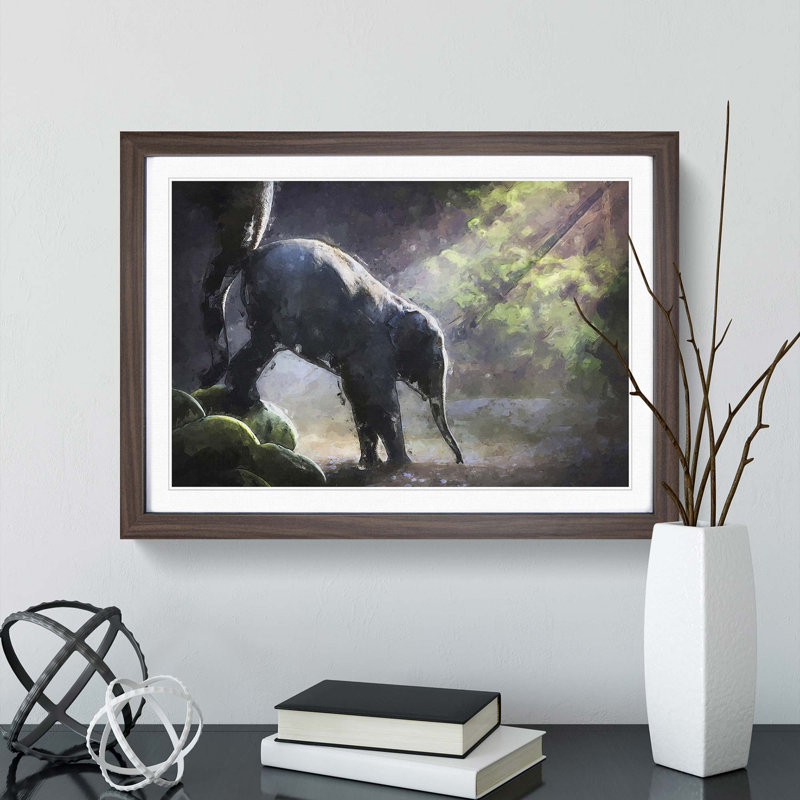 Mother Elephant Encouraging Baby in Abstract - Picture Frame Painting Print, 27cm H x 36cm W x 2cm D, Walnut Framed