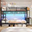 Lit superposé simple au-dessus de simple avec bureau et 3 tiroirs de rangement, lit mezzanine à DEL avec tablette de rangement et boîtes noires-1621170852