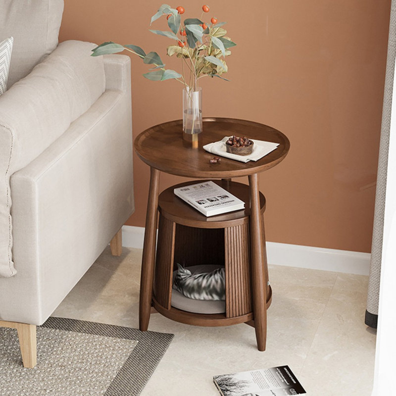 Table basse ronde en bois massif 17,72 po, Brun noyer
